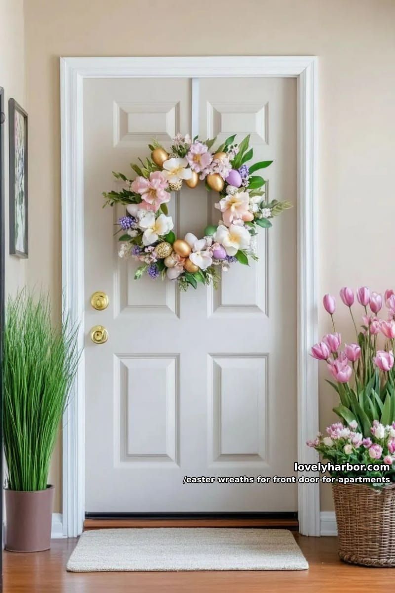 floral hoop wreath with watercolor-style faux flowers and gold eggs 1