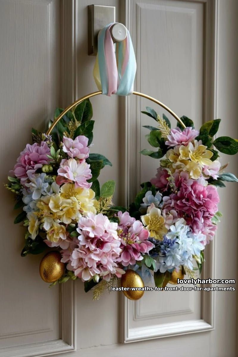 floral hoop wreath with watercolor-style faux flowers and gold eggs 1
