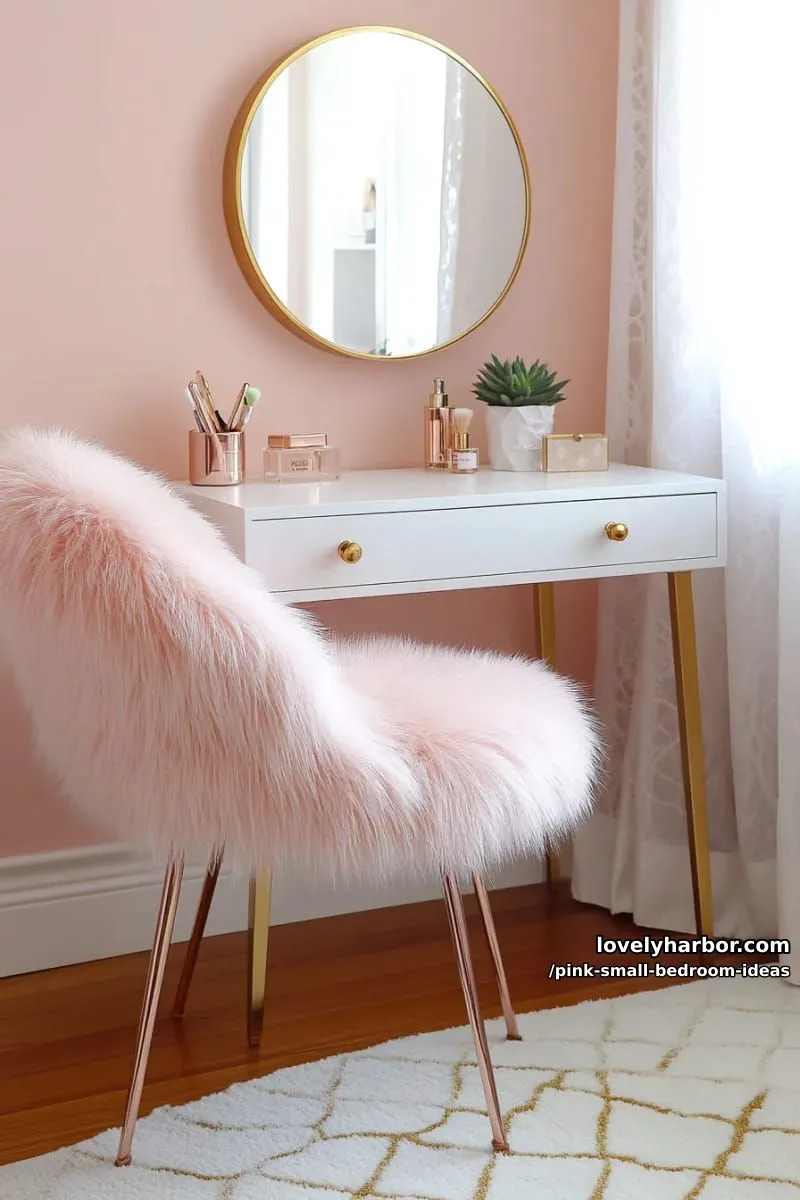 21 Pink Small Bedrooms Ideas You'll Love 32 fluffy faux fur blush pink chair for a compact vanity table 1