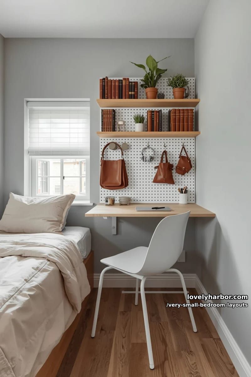 fold-down desk beside the bed and pegboard wall for flexible organization. 1