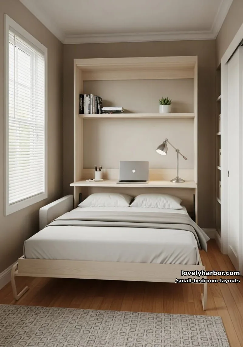 fold-down murphy bed with a hidden workspace behind 1