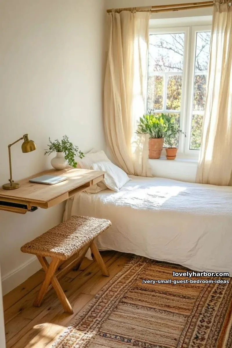 19 Very Small Guest Bedroom Ideas For A Welcoming Retreat 28 foldable writing desk paired with a slim, woven bench at foot 1