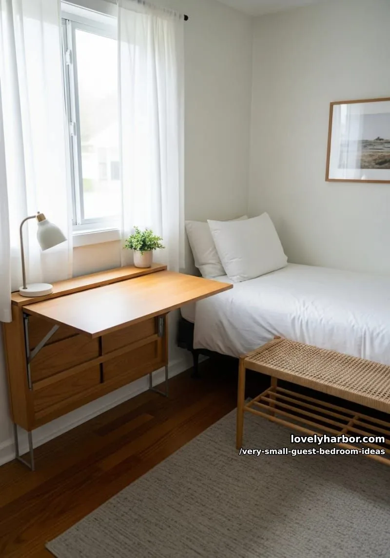 19 Very Small Guest Bedroom Ideas For A Welcoming Retreat 29 foldable writing desk paired with a slim, woven bench at foot 1