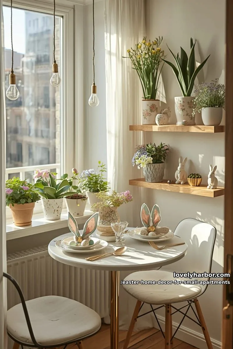 folded napkins shaped like bunny ears for a tiny dining nook 1