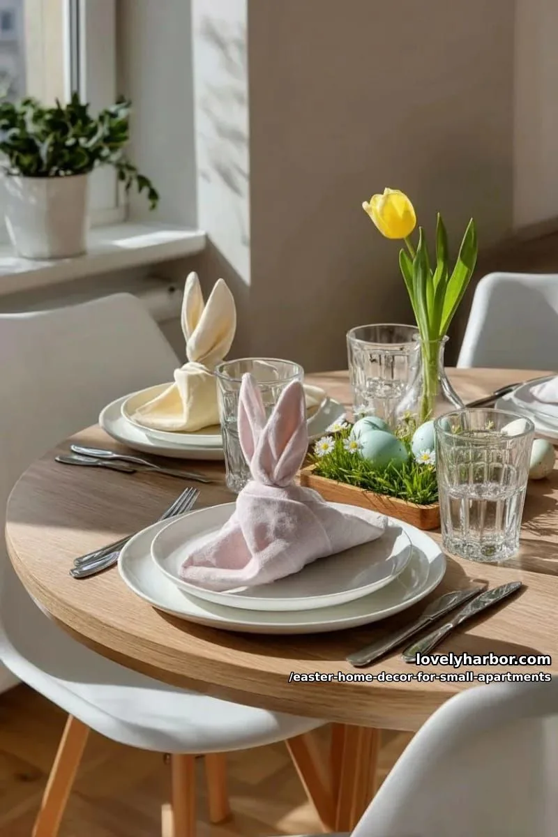 folded napkins shaped like bunny ears for a tiny dining nook 1
