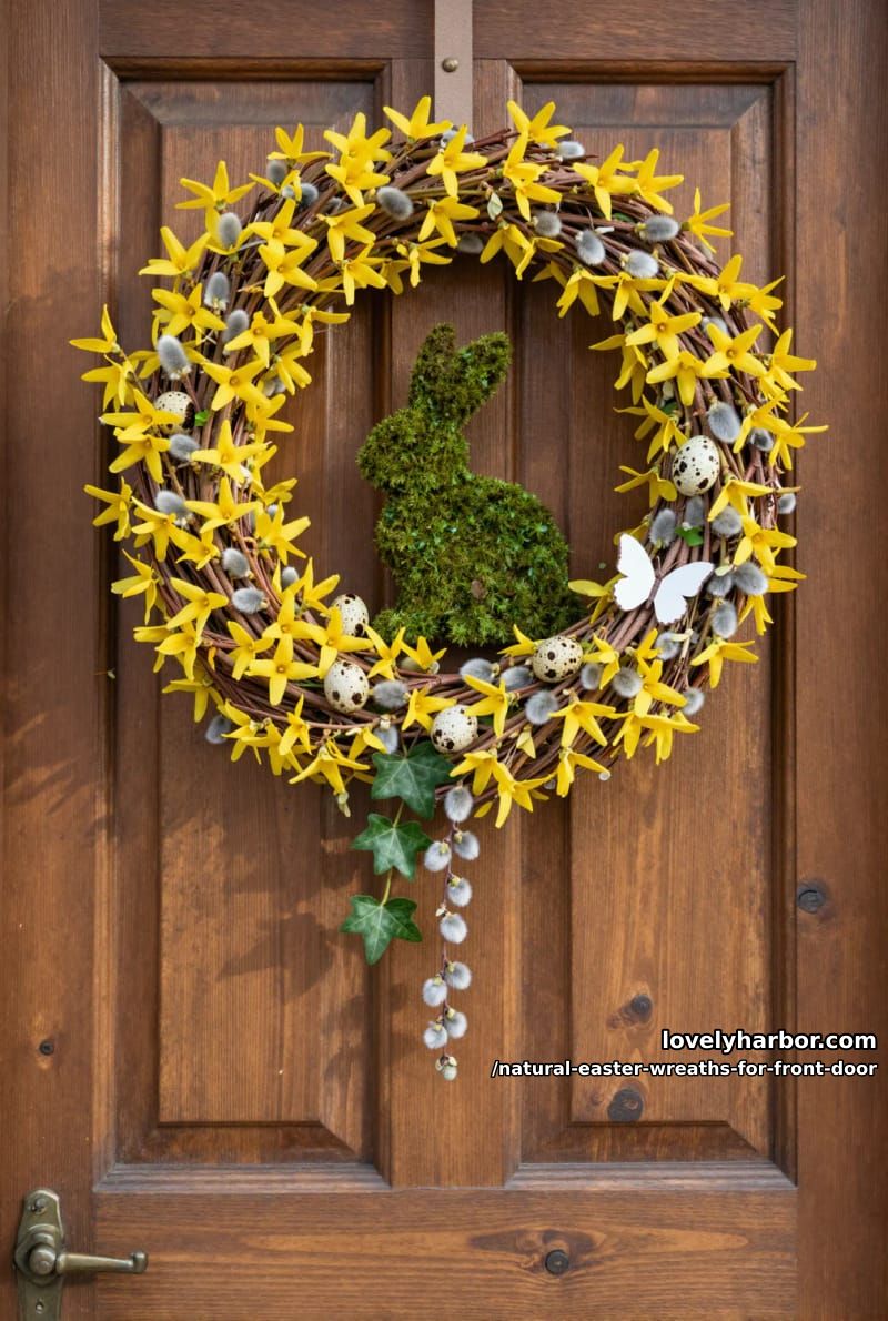 forsythia and pussy willow wreath with a moss-covered bunny silhouette 1