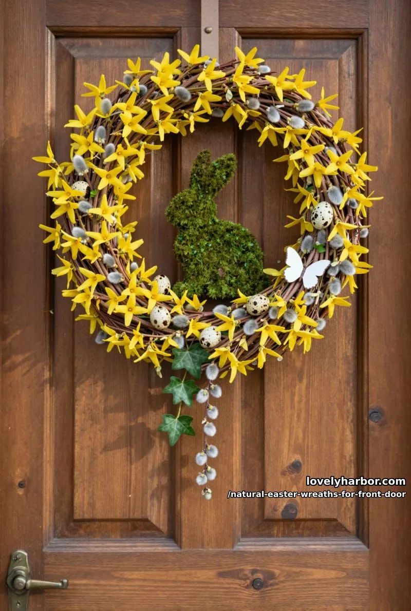 forsythia and pussy willow wreath with a moss-covered bunny silhouette 1
