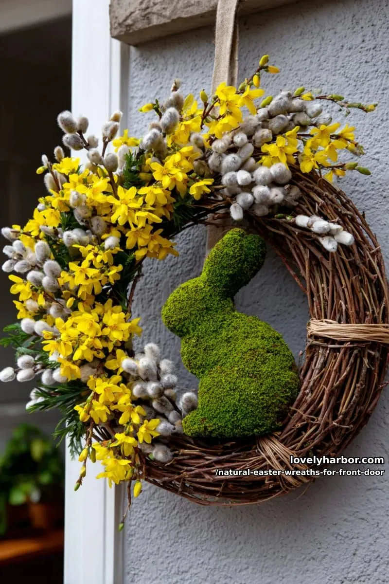 forsythia and pussy willow wreath with a moss-covered bunny silhouette 1