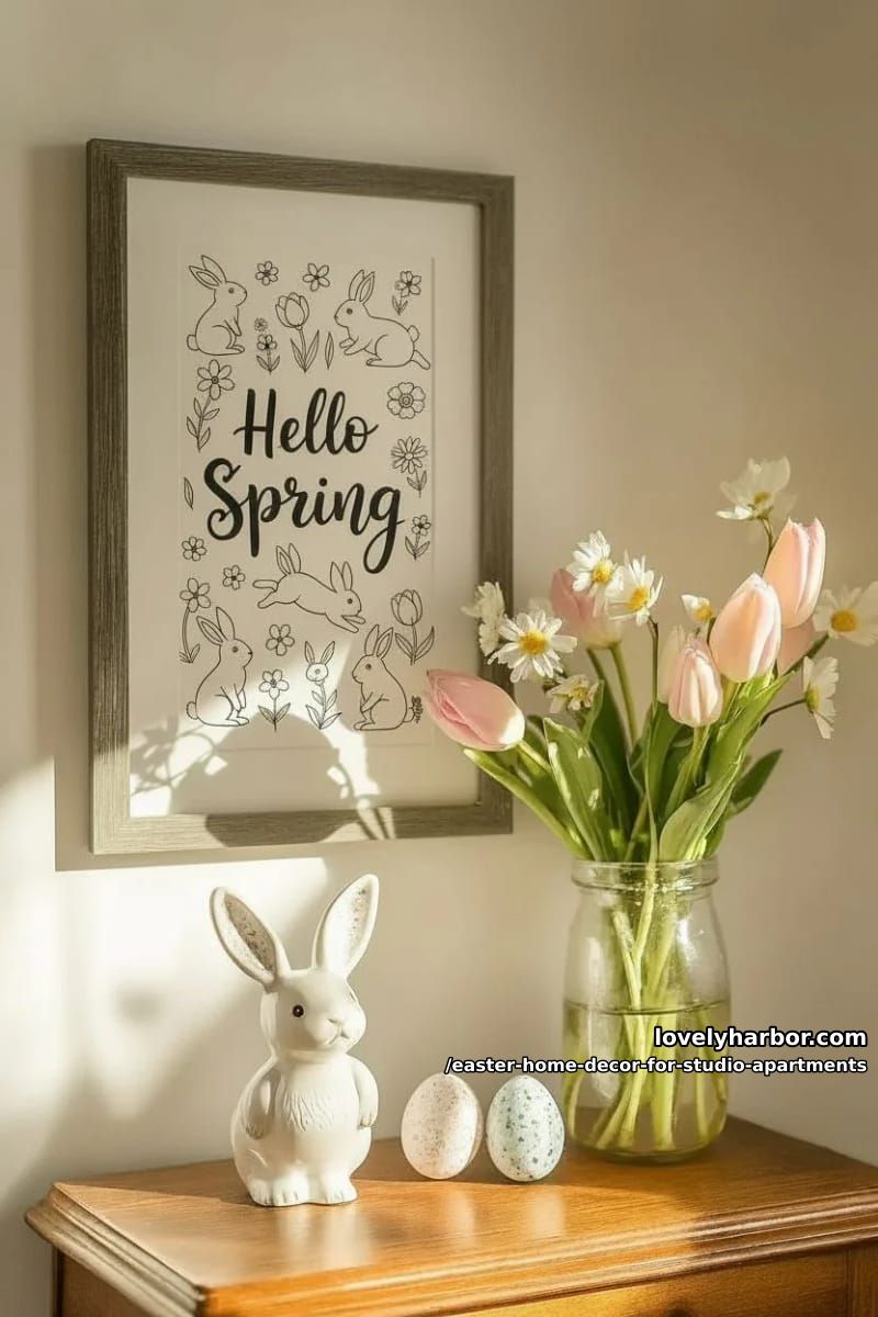 framed minimalist “hello spring” print beside a floral arrangement 1