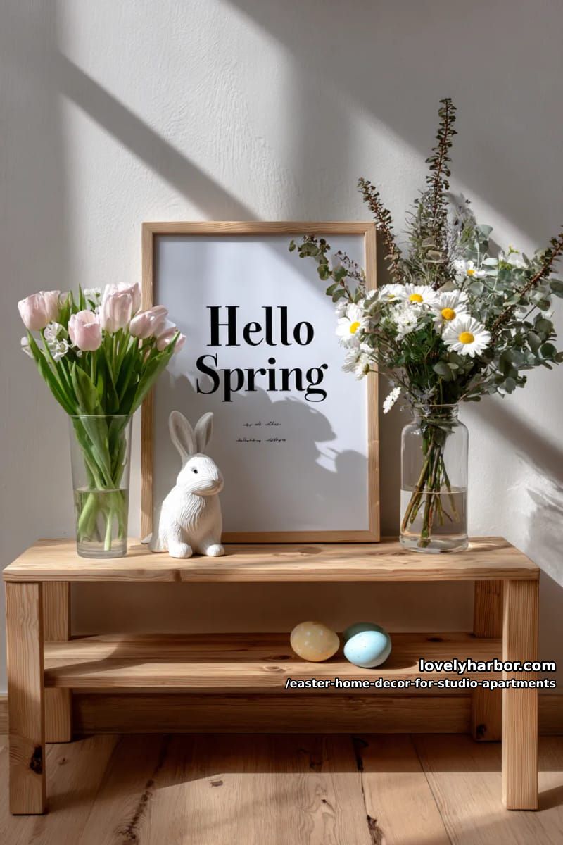 framed minimalist “hello spring” print beside a floral arrangement 1