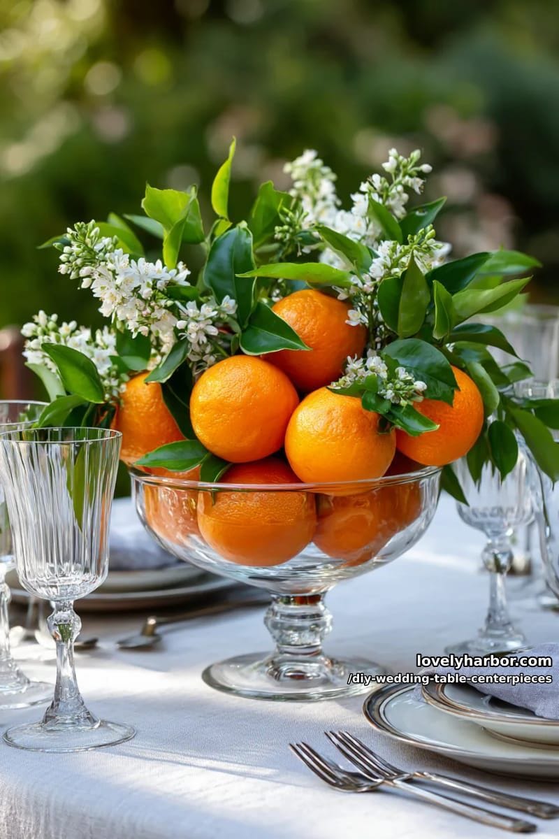 fruit-filled bowls with oranges, greenery, and soft white blossoms 1