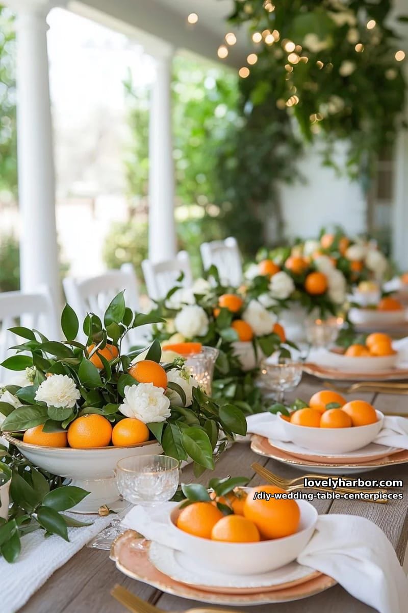 fruit-filled bowls with oranges, greenery, and soft white blossoms 1