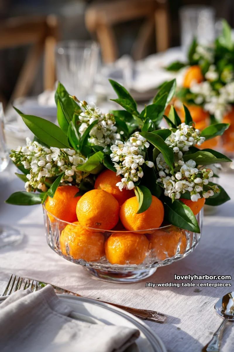 fruit-filled bowls with oranges, greenery, and soft white blossoms 1