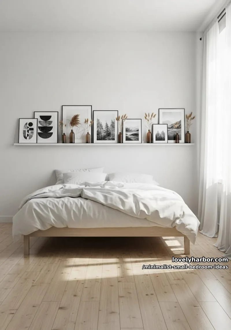 gallery shelf featuring monochrome prints and petite dried florals 1