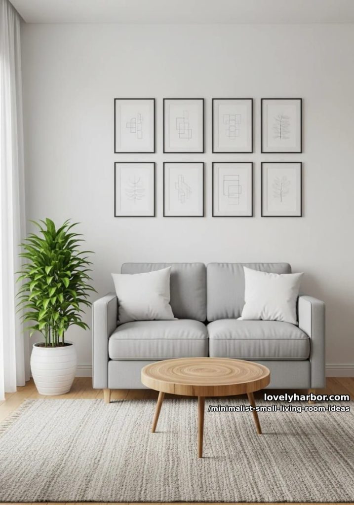 Apartment 7 gallery wall of black and white minimalist frames above loveseat 19