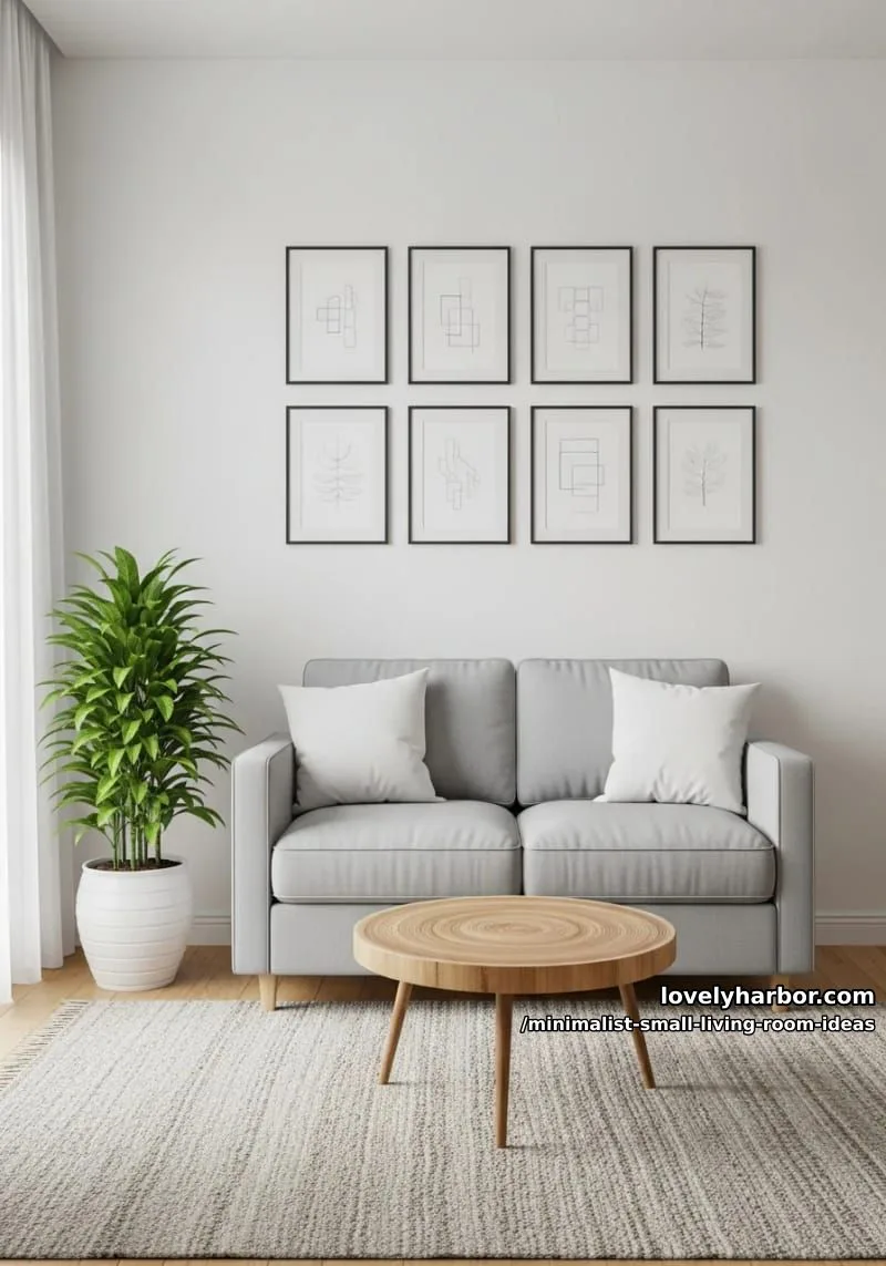 gallery wall of black and white minimalist frames above loveseat 1