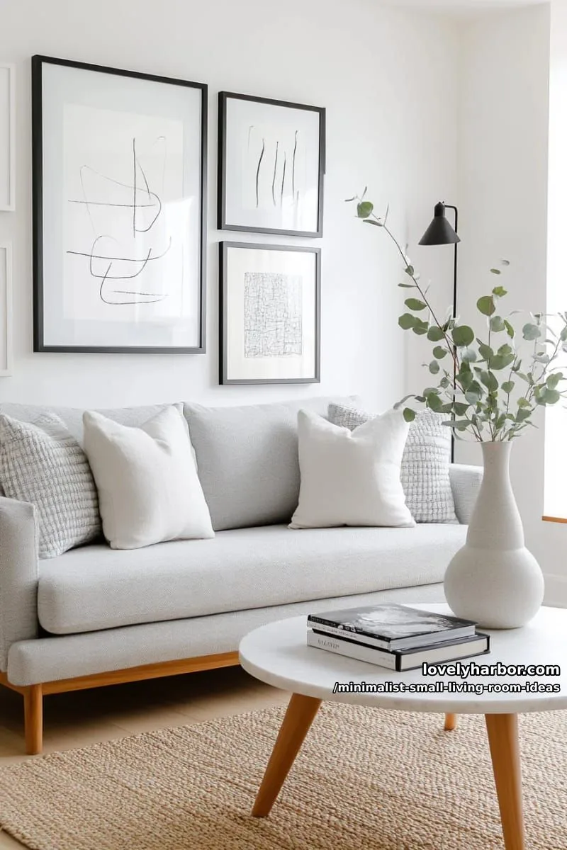 gallery wall of black and white minimalist frames above loveseat 1