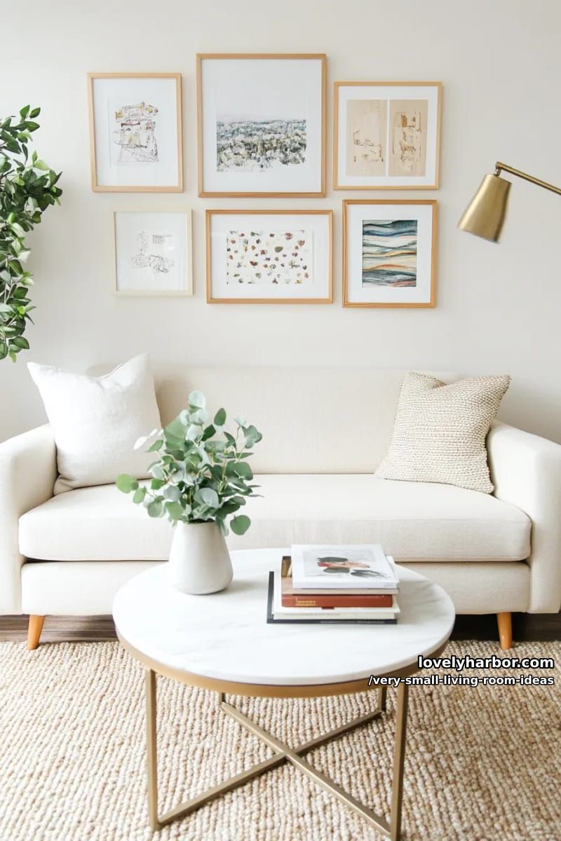 gallery wall of mini art pieces to draw the eye upward 1