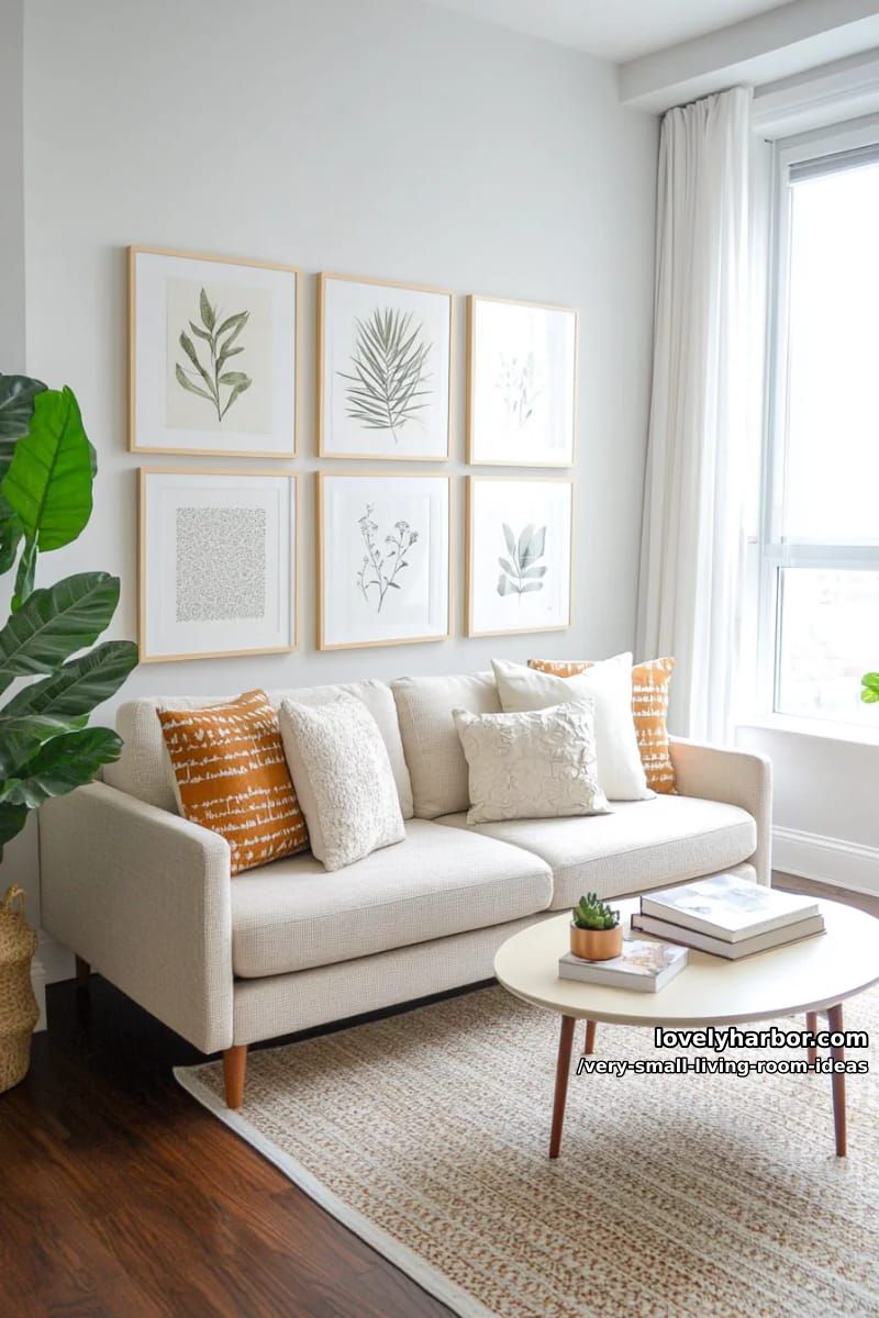 gallery wall of mini art pieces to draw the eye upward 1