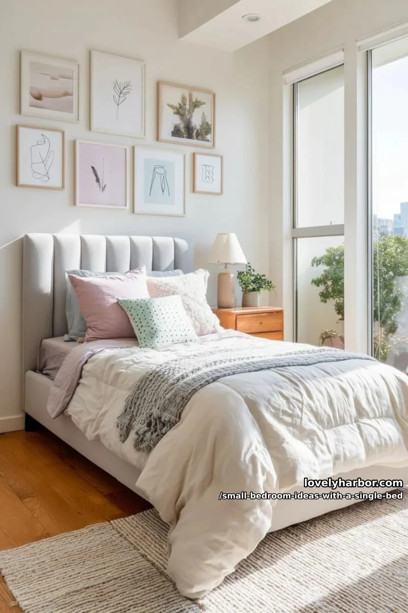 gallery wall of mismatched art in pastel frames over a cushioned single bed. 1