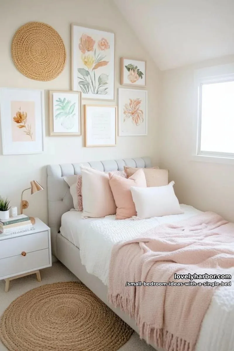 gallery wall of mismatched art in pastel frames over a cushioned single bed. 1