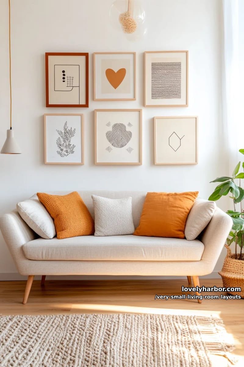 gallery wall of small art pieces above neutral loveseat 1