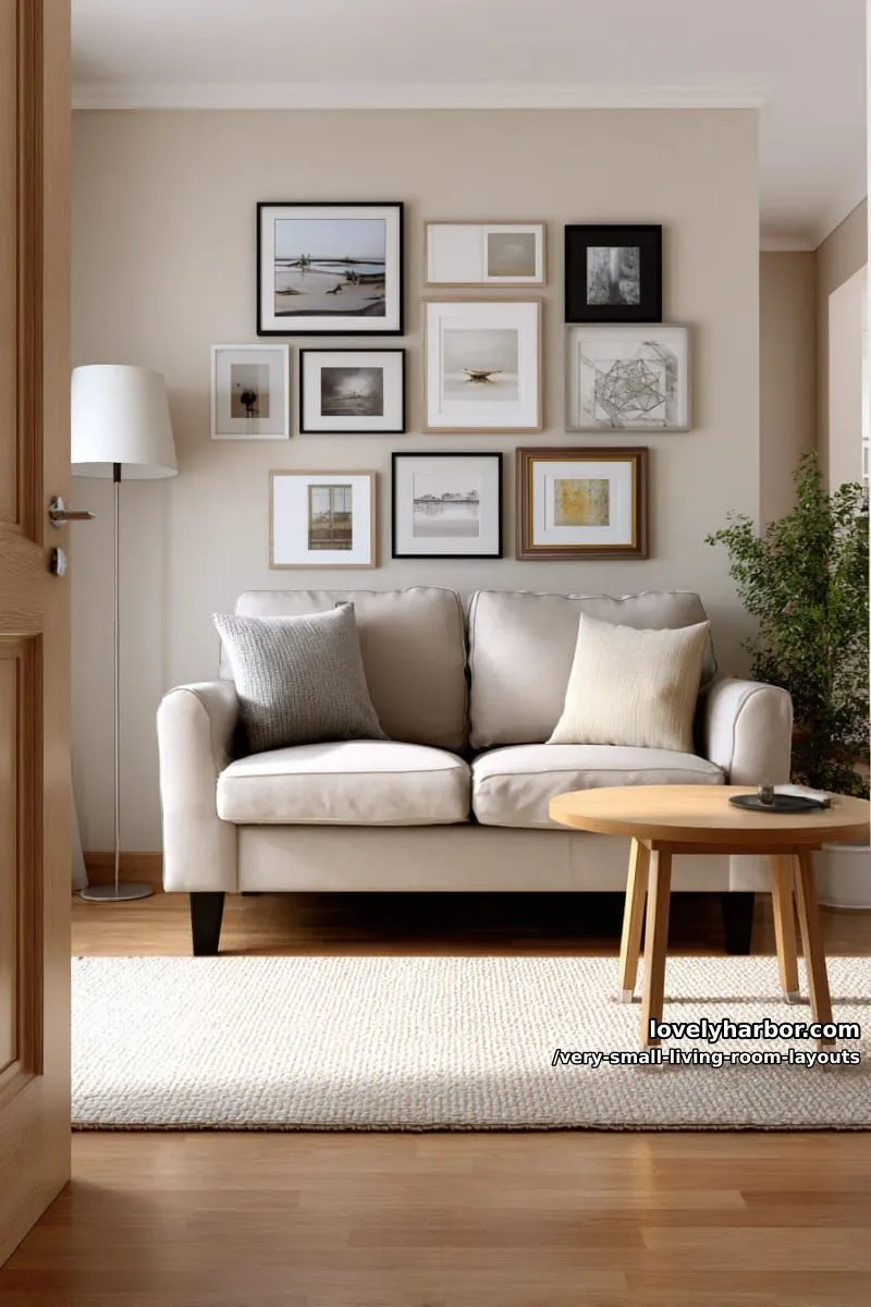 gallery wall of small art pieces above neutral loveseat 1