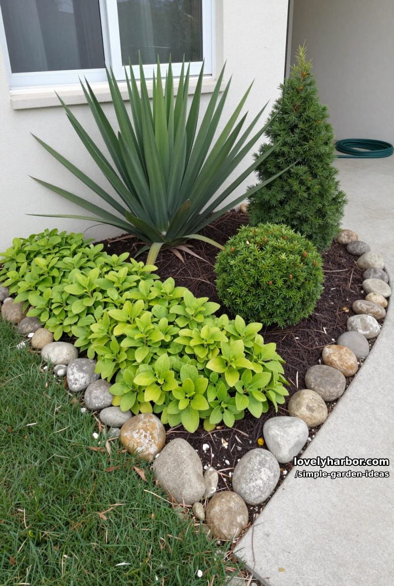 garden bed by window with spiky plants, ground cover, and river stones 1