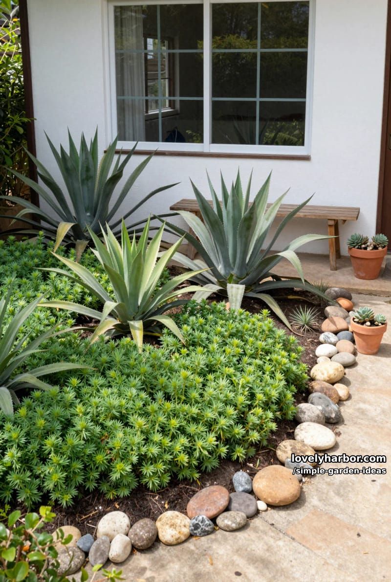 garden bed by window with spiky plants, ground cover, and river stones 1