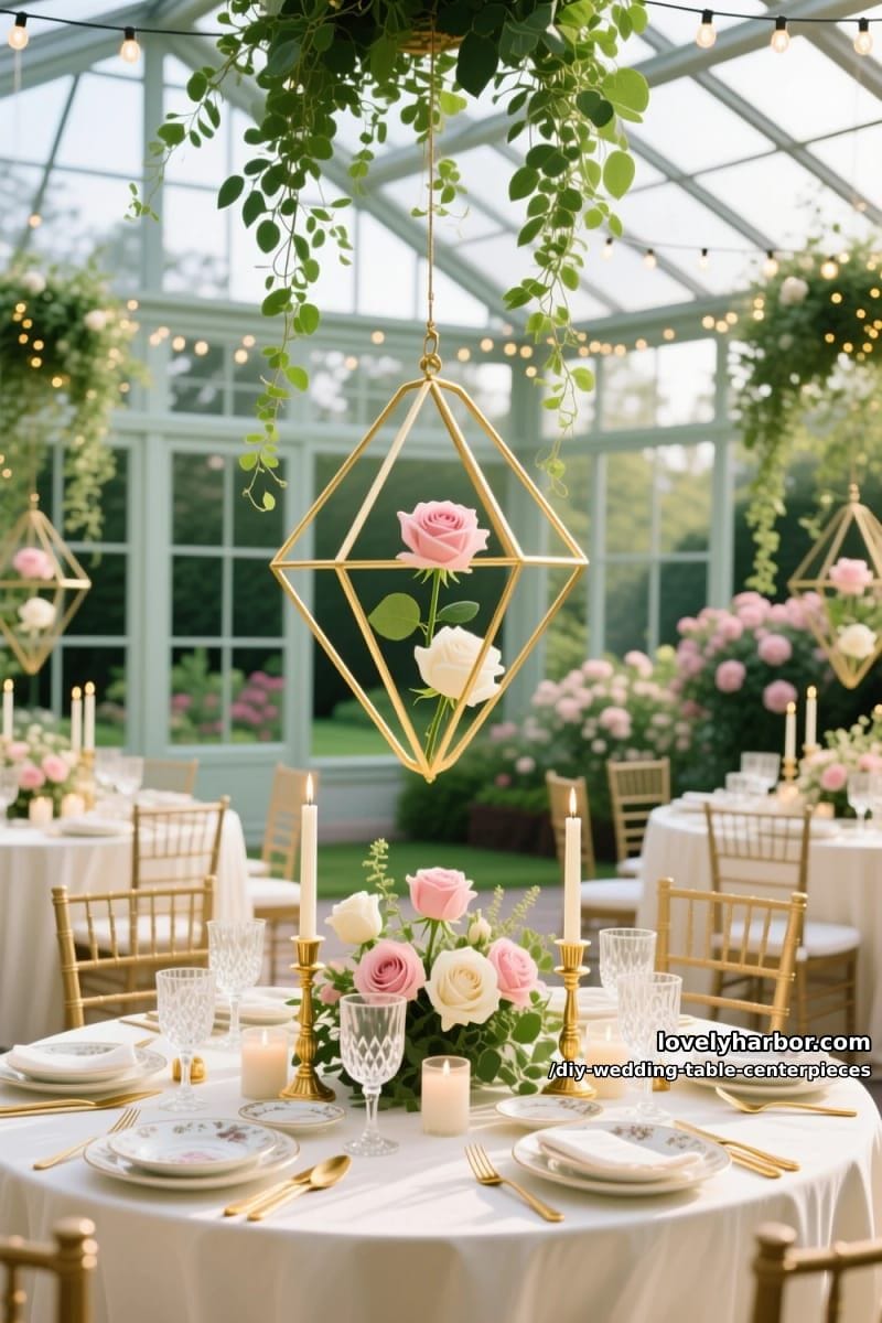 geometric gold frames with floating roses and greenery vines 1