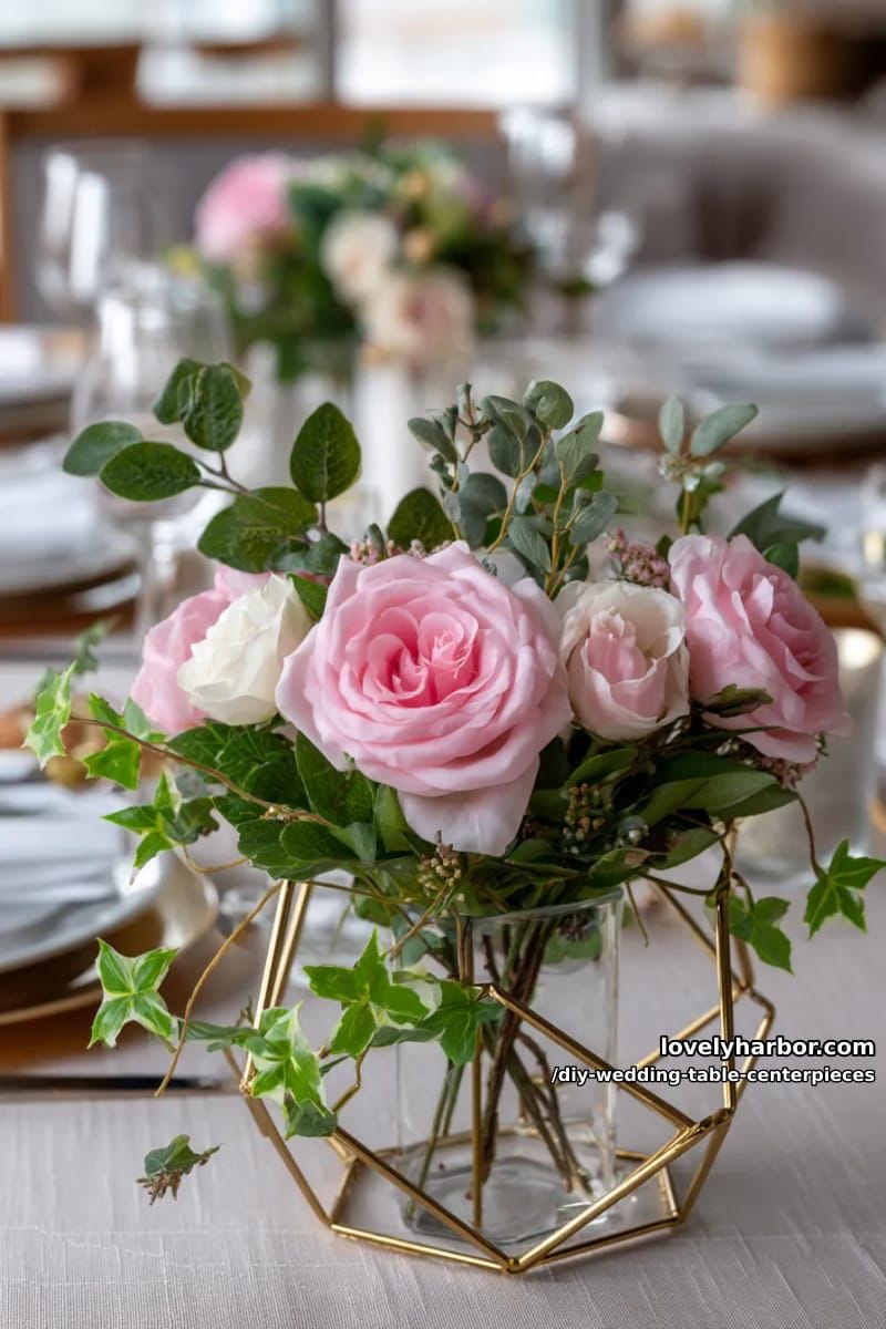 geometric gold frames with floating roses and greenery vines 1