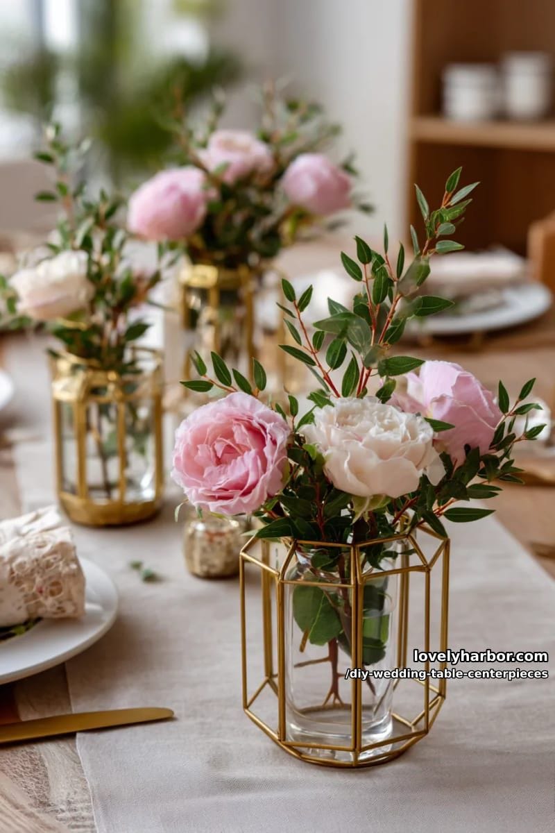 geometric gold frames with floating roses and greenery vines 1