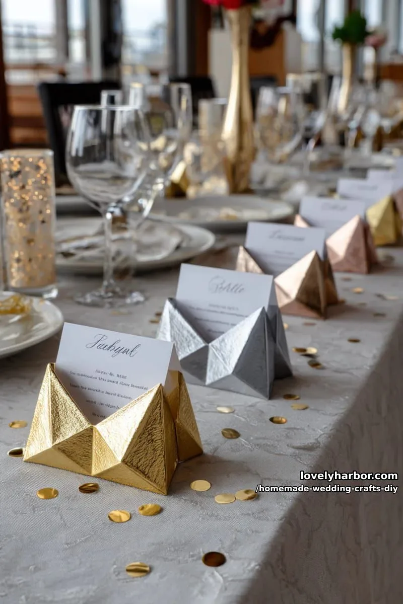 19 Homemade Wedding Crafts DIY To Wow Your Guests 19 geometric origami place cards in metallic shades for a modern touch 1