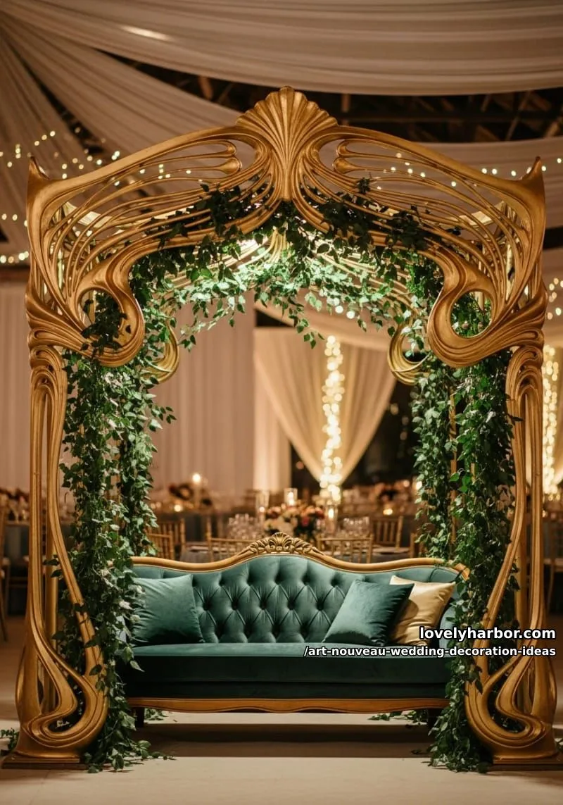 gilded art nouveau photo booth frame surrounded by lush ivy 1