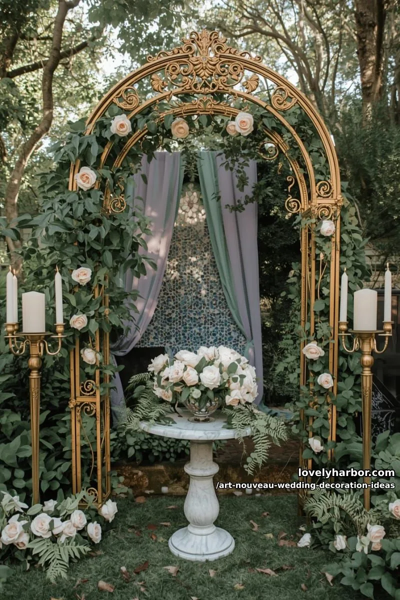 gilded art nouveau photo booth frame surrounded by lush ivy 1