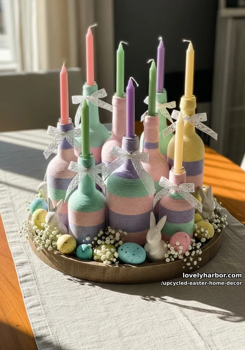 15 Upcycled Easter Home Decor That Give Old Treasures New Life 23 glass bottle candle holders wrapped with pastel yarn and lace 1