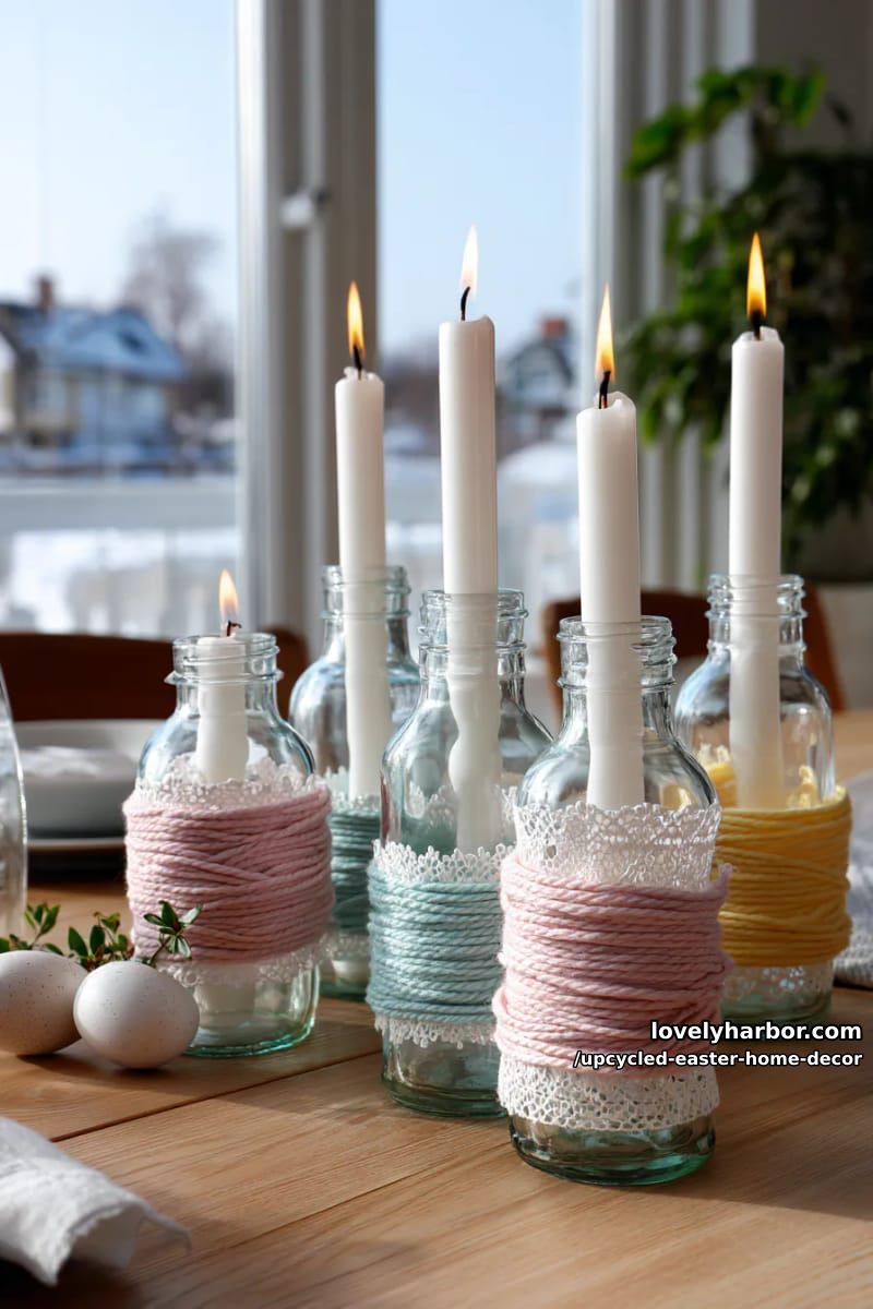 glass bottle candle holders wrapped with pastel yarn and lace 1
