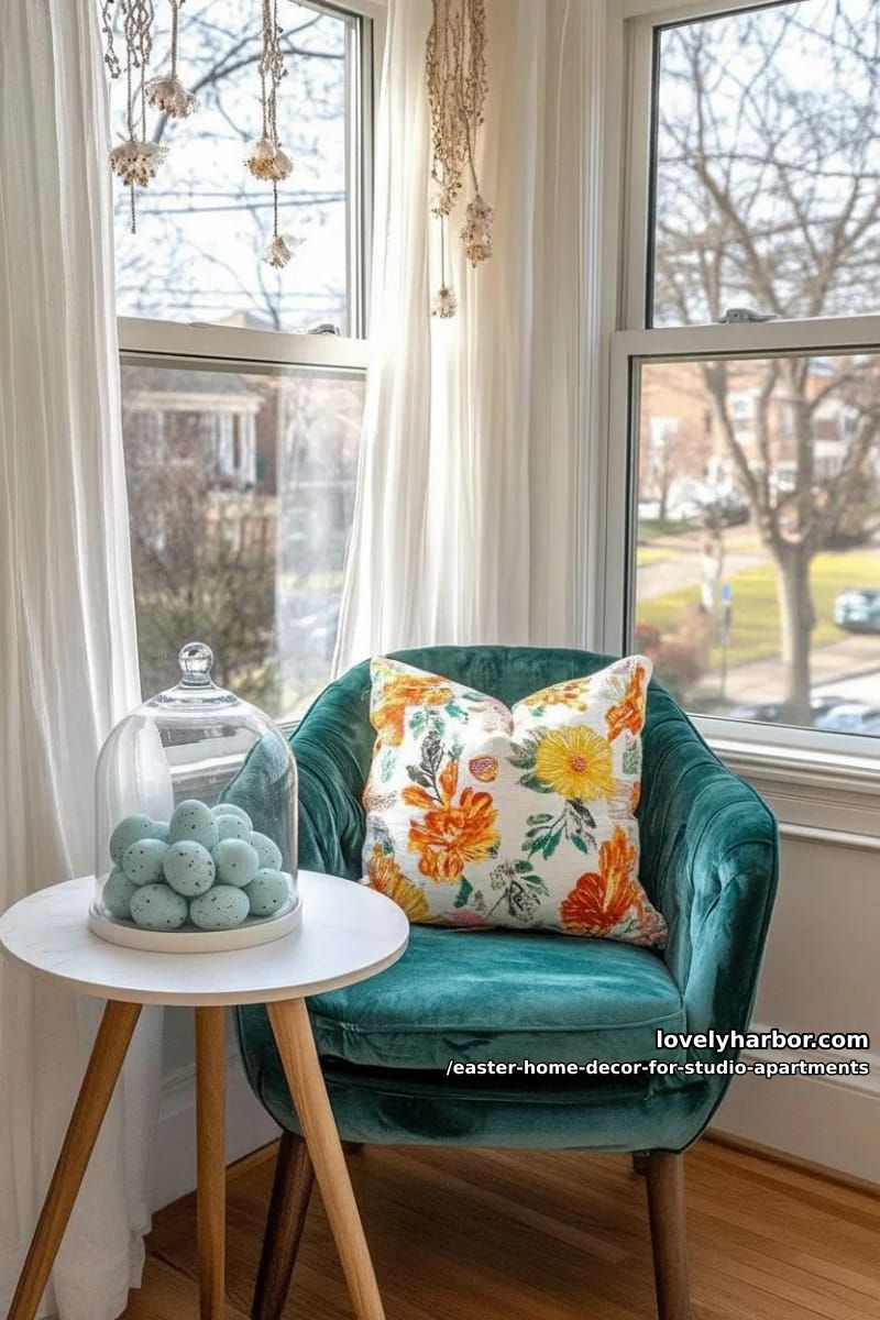 glass cloche covering a pile of decorative robin’s eggs 1