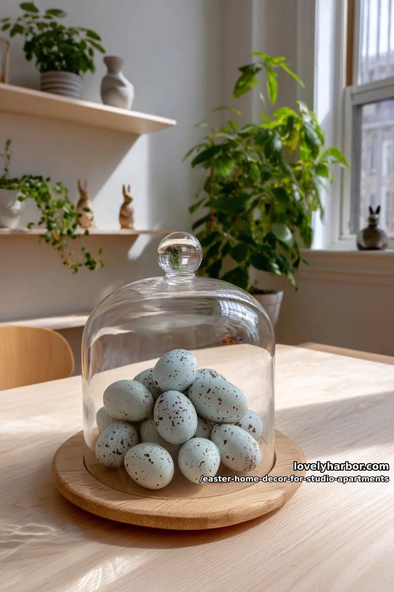 glass cloche covering a pile of decorative robin’s eggs 1