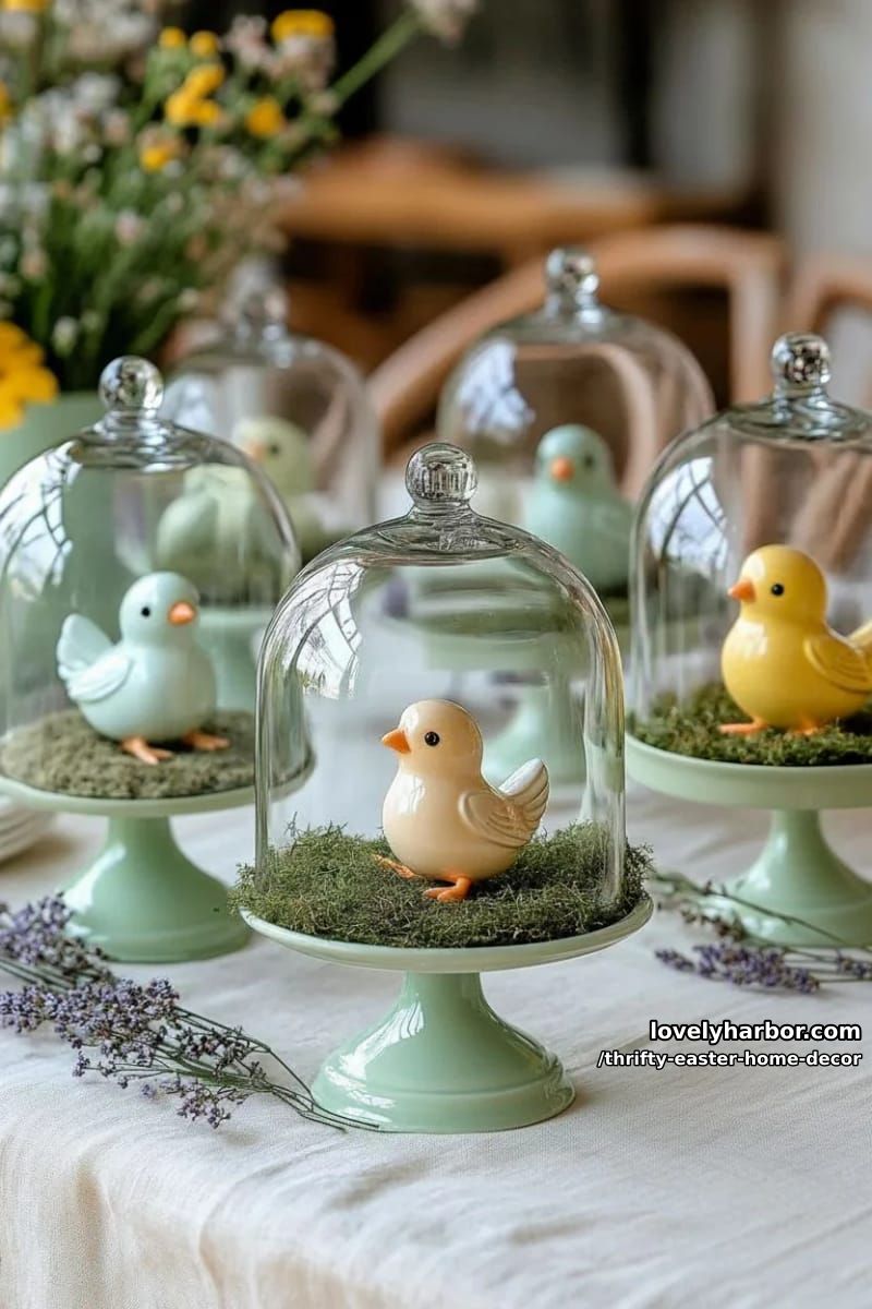 glass cloche domes over thrifted ceramic chicks on cake stands 1