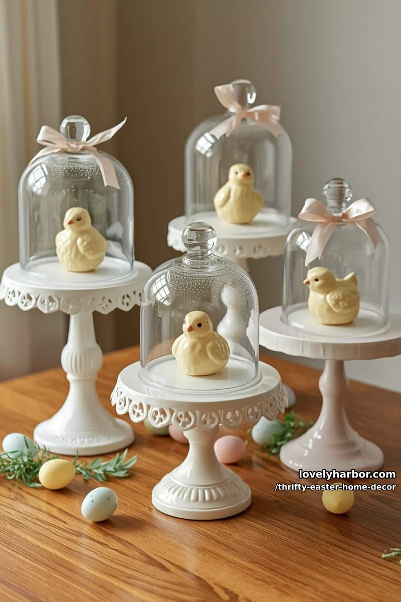 glass cloche domes over thrifted ceramic chicks on cake stands 1