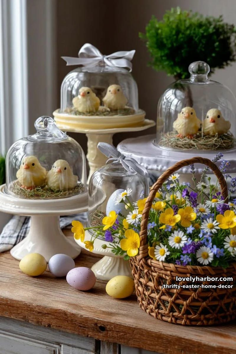 glass cloche domes over thrifted ceramic chicks on cake stands 1