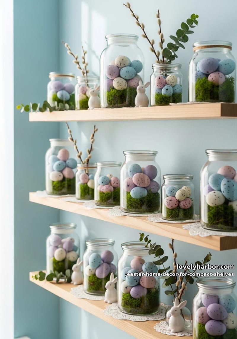 glass jars filled with speckled easter egg decor and moss 1