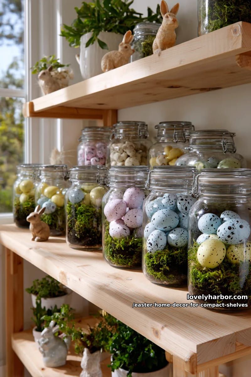 glass jars filled with speckled easter egg decor and moss 1