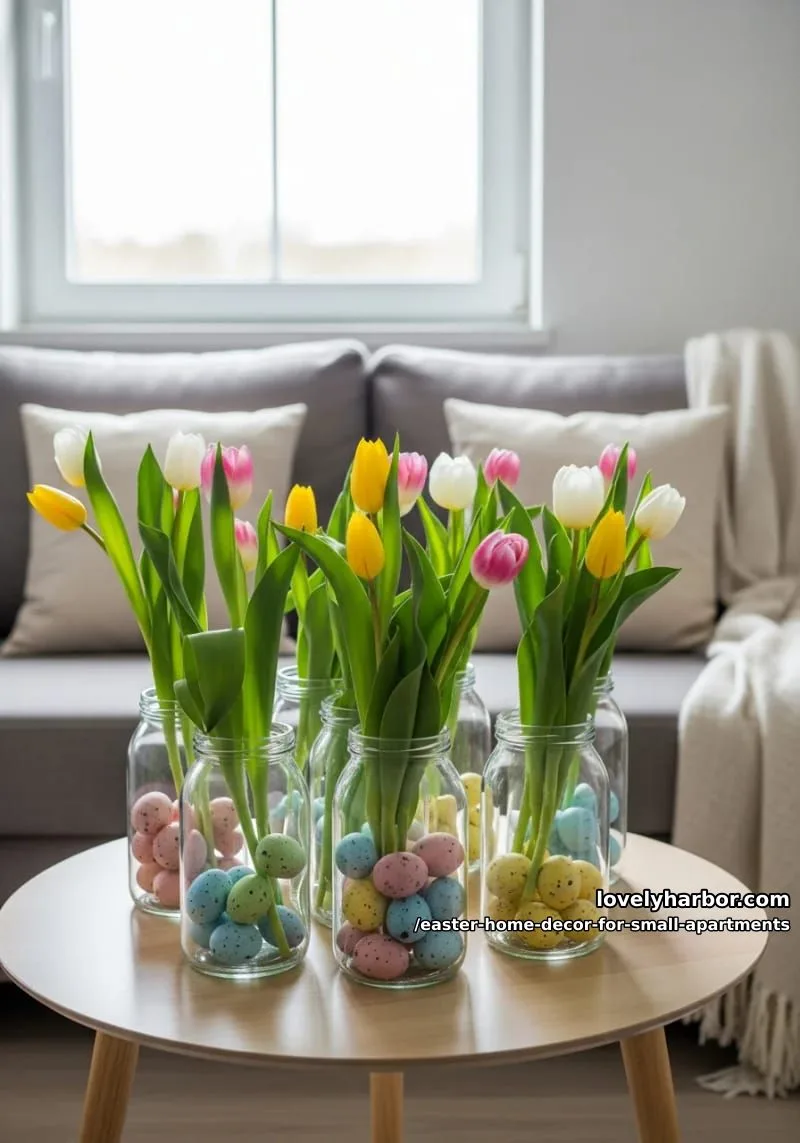 glass jars filled with speckled eggs and tulip stems on a coffee table 1