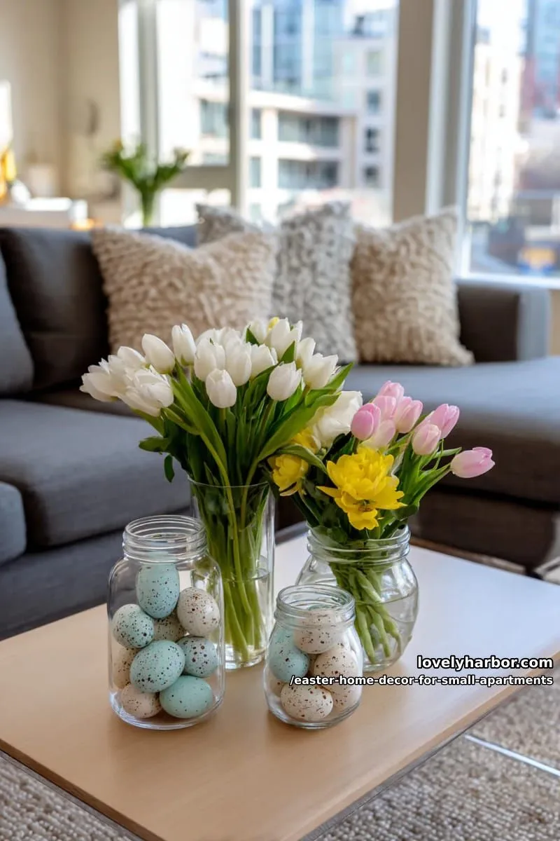 glass jars filled with speckled eggs and tulip stems on a coffee table 1