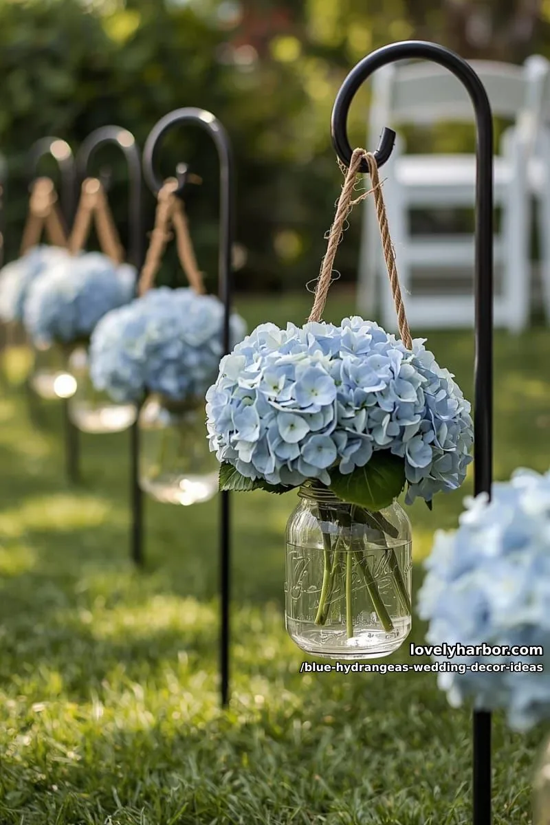 glass jars of baby blue hydrangeas hanging from shepherd’s hooks 1