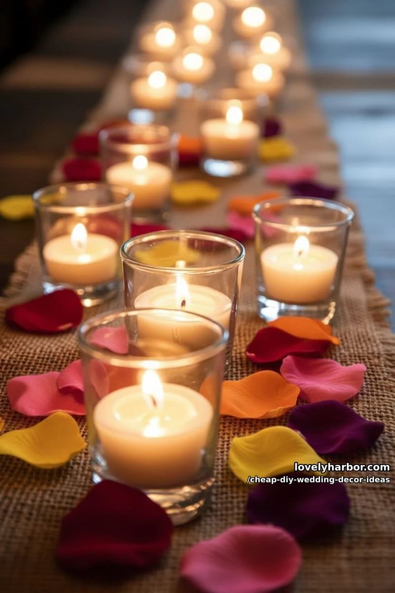 glass votives and tea lights scattered on burlap table runners 1