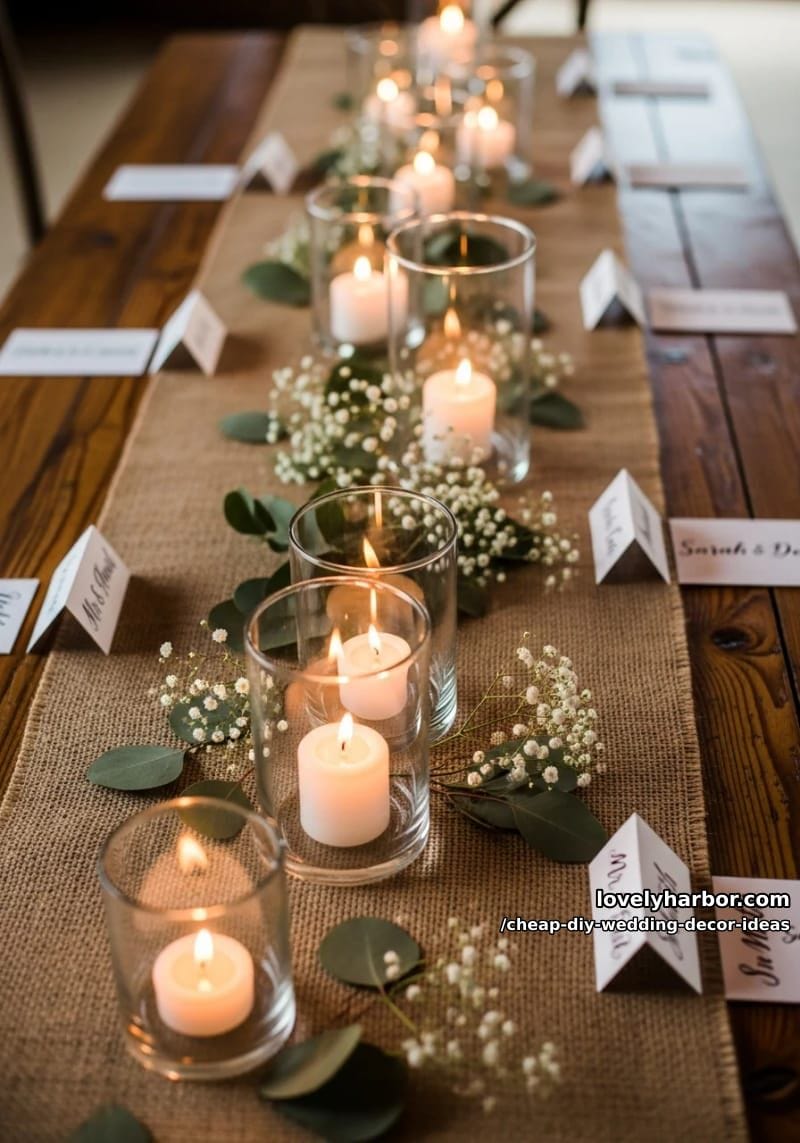 glass votives and tea lights scattered on burlap table runners 1