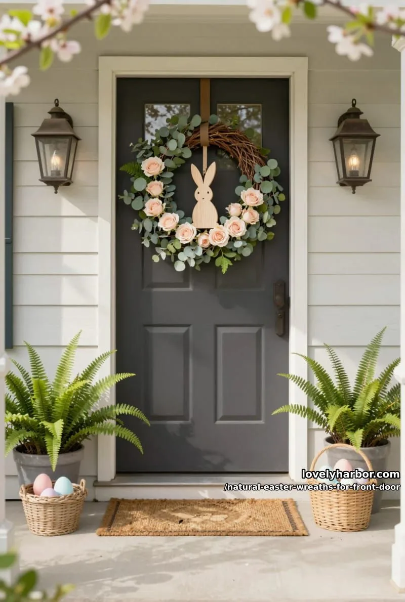 grapevine circle with fresh eucalyptus, blush roses, and hanging wooden bunny 1